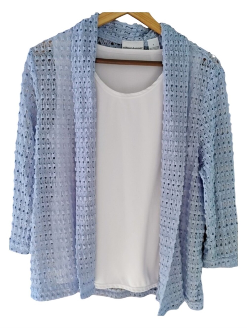 Alfred Dunner Periwinkle Blue Open Knit Cardigan & White Tank Top Set Sz S